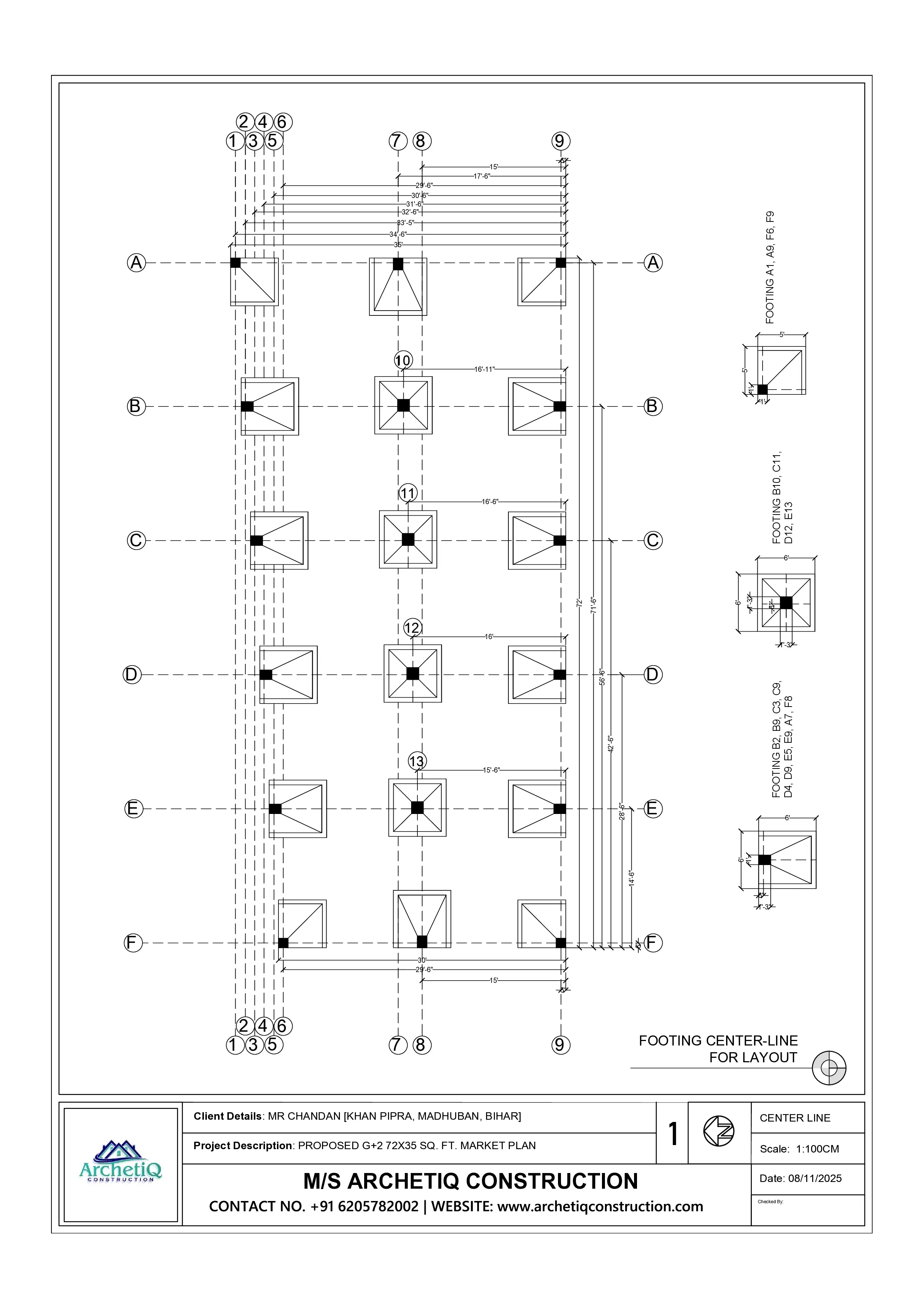 Footing center-line layout plan for G+2 commercial market project, including foundation footing placement, center grid lines, and structural dimensions for accurate site execution.