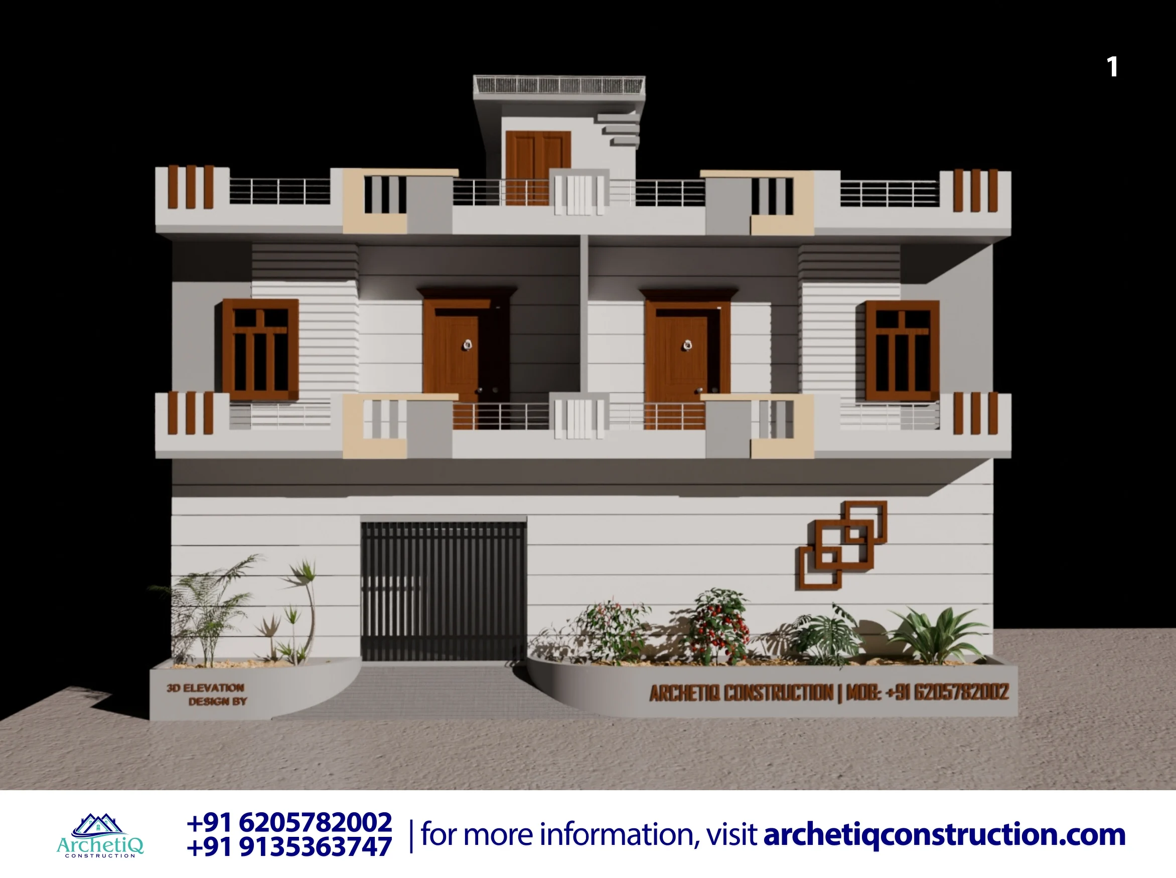 Front view of revised 3D elevation for modern G+1 house with balcony, designer railing, wooden doors, vertical tile texture, landscape planter, and sliding main gate by ArchetiQ Construction.