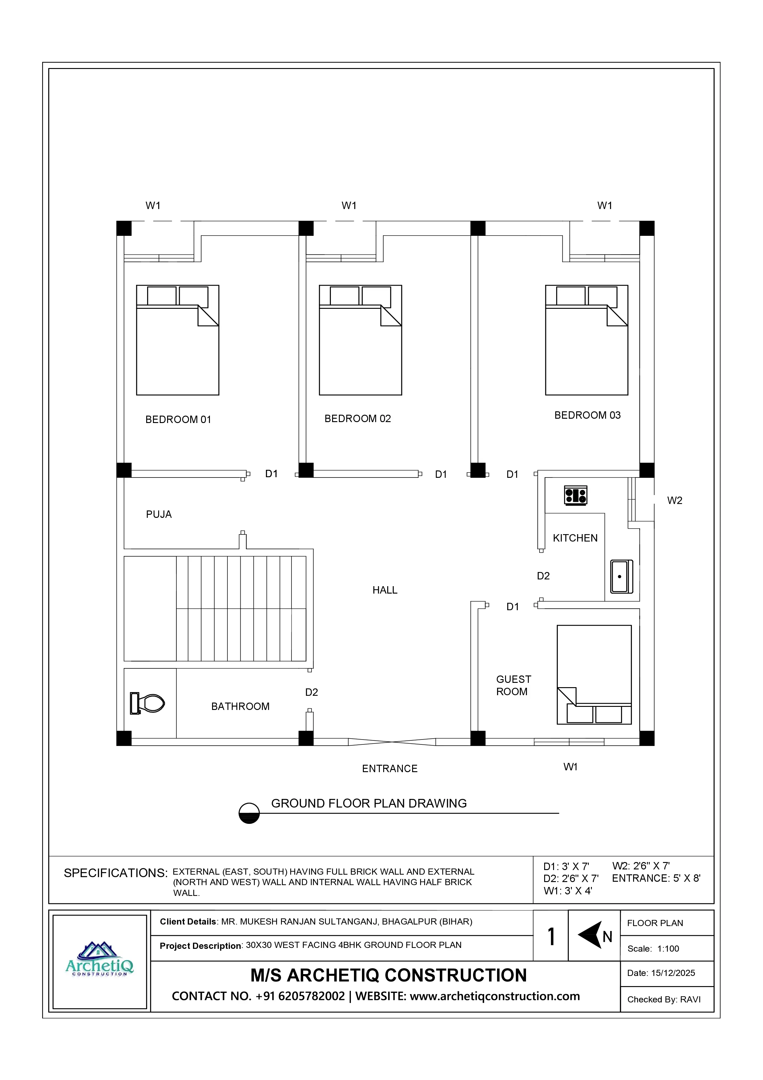 30x30 4BHK Ground Floor Plan | House Design in Bhagalpur