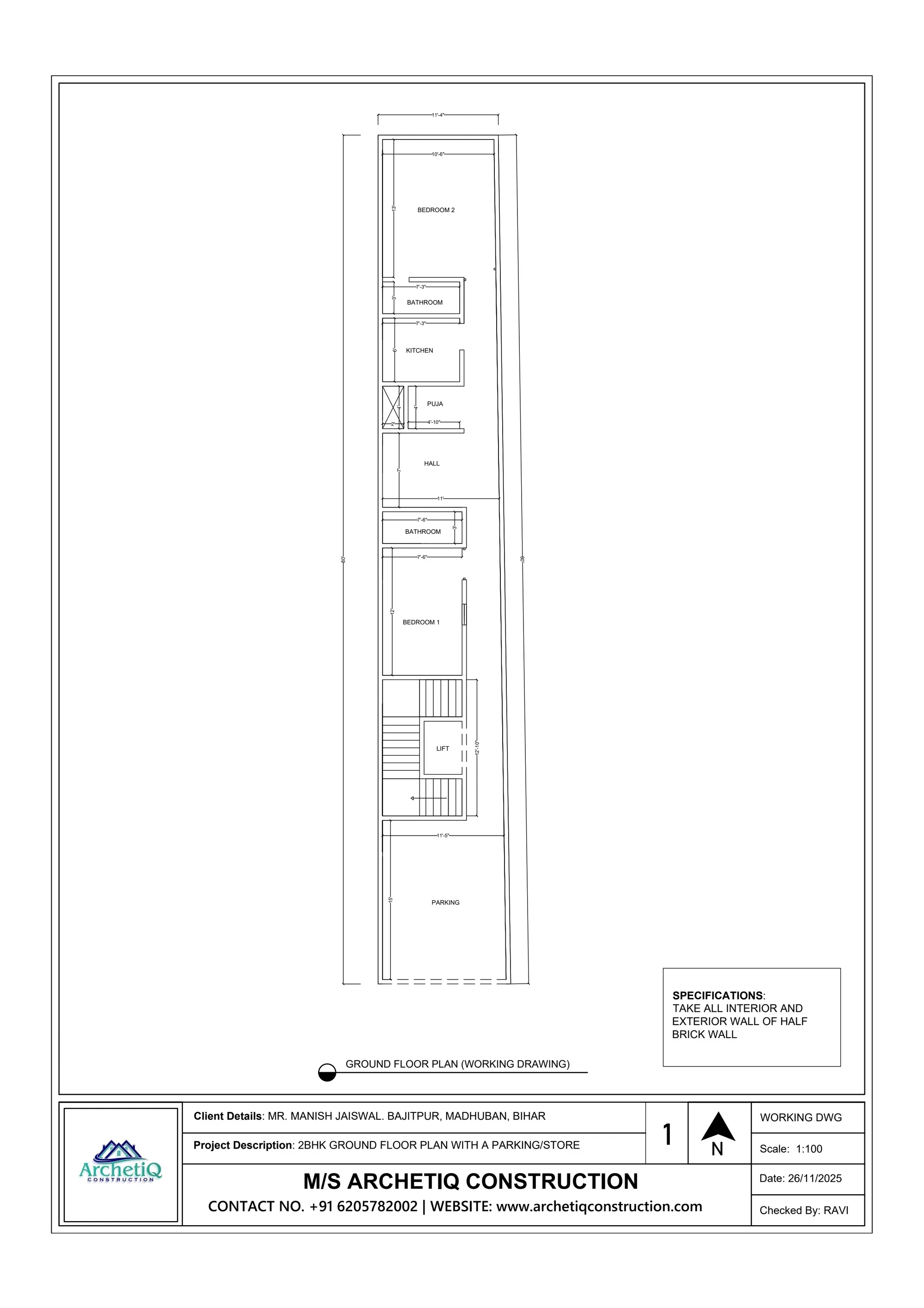 2BHK ground floor house plan with parking, lift, puja room, two bedrooms, kitchen and hall for a narrow plot