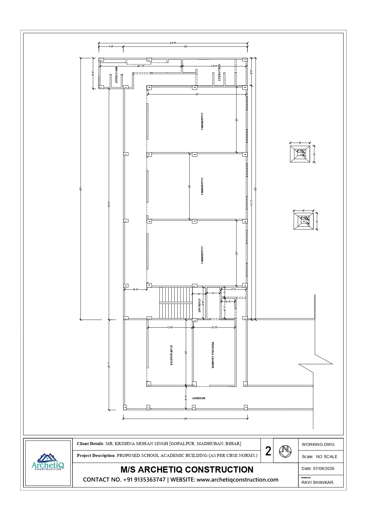 School academic building plan with 3 classrooms, principal chamber, staff quarter, toilets and staircase